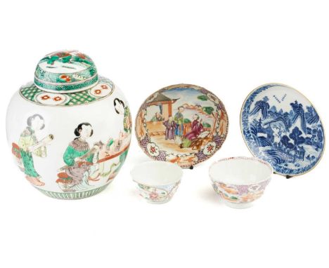 A Chinese famille verte ginger jar and cover, Qing. late 19th century, painted four ladies, one of which seated writing, anot