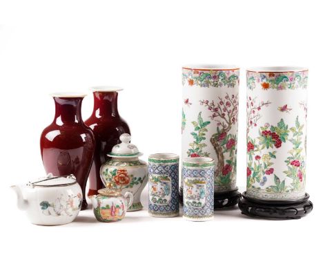 A collection of Chinese porcelain, 19th &amp; 20th century, compromising a pair of spill vases with moulded panels of figures