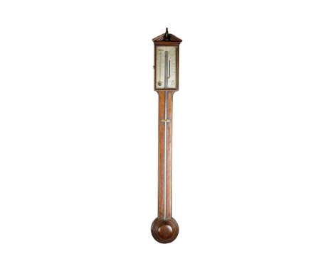 Manticha (Dominick ?), a George III mahogany case stick barometer with architectural pediment above a glazed register plate b