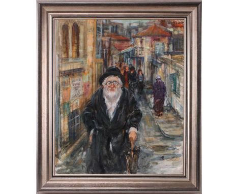 Moshe Chauski (contemporary), portrait of a Jewish man in a busy street, oil on canvas (laid on board), signed and dated 2000