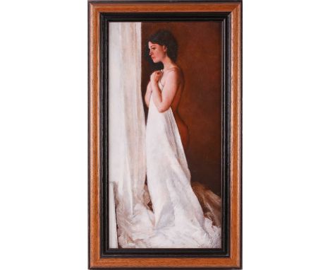 John Afflick (b.1967), portrait of a lady holding a towel, oil on canvas, signed to lower right corner, 50 cm x 25 cm in a wo