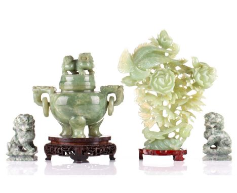 A Chinese apple green jade censor, 20th century, the cover with lion finial, with lion mask and captive ring handles on three