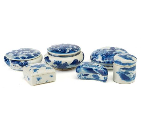 A collection of Chinese blue &amp; white porcelain cosmetic and ointment pots, one with compressed body painted with figures 