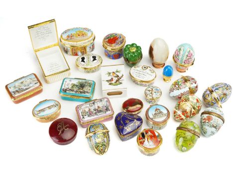 A collection of Halcyon Days hard enamelled patch boxes and eggs to include Her Majesty Queen Elizabeth II 2002 Golden jubile