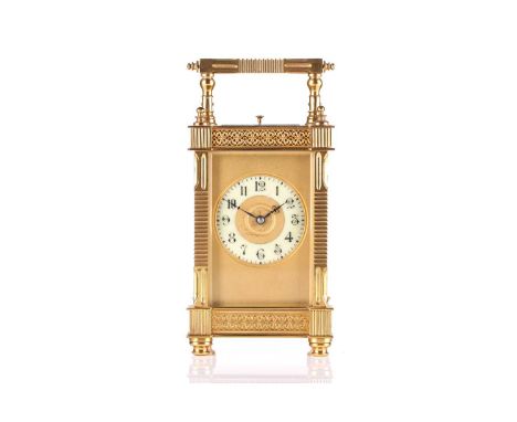 An early 20th century French "Aesthetic" cased 8-day repeating carriage clock with jewelled and silvered platform escapement.