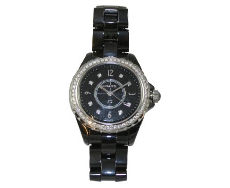 Chanel J12, a lady's black ceramic and diamond quartz wristwatch, circa 2015, model H3108, serial number ZGH66287, black dial