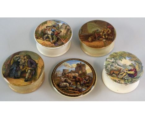 Five Victorian F and R. Pratt and Co. pot lids, comprising "Uncle Toby", "The Enthusiast", "The Wolf and the Lamb" and "The S