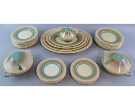 A Susie Cooper Crown Works Burslem dinner service, with green and brown banded pattern comprising four graduated oval meat pl