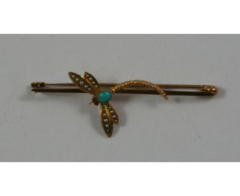A Victorian gold, turquoise and half pearl dragonfly brooch, circa 1880, the thorax composed of a cabochon stone, pearls to t
