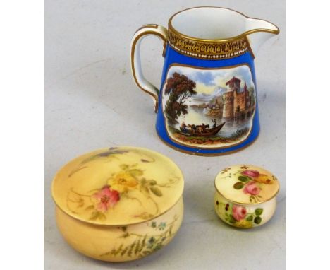 A Royal Worcester cabinet bowl with lid, of bulbous circular form, printed and painted with flowers on a blush ground, date c