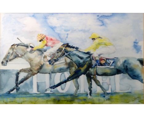 P. J. Lonsborough, (21st century), horse racing with HOTEL sign on the railing, watercolour, signed lower right hand corner, 