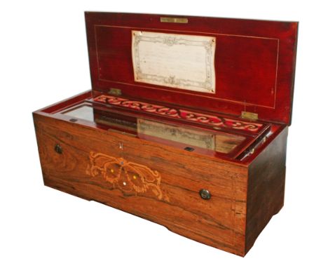 A late 19th century Swiss rosewood eight aires musical box, circa 1880, the 99 tooth two piece comb (84 and 15), the movement