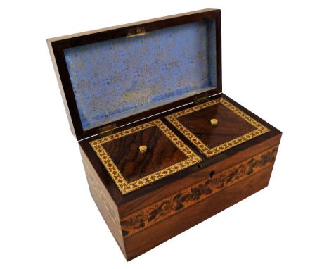 A Victorian walnut and tunbridgeware tea caddy, of oblong form, the hinged lid with specimen wood parquetry top opening to re