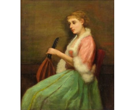 English School, late 19th century, lady playing a mandolin, oil on canvas, unsigned, 34 x 29 cm, gilt frame.