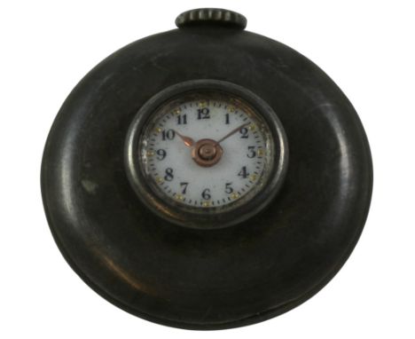 A silver button hole watch, Birmingham import 1912, the 12 mm white enamel dial with black Arabic numerals, the plain 27 mm b