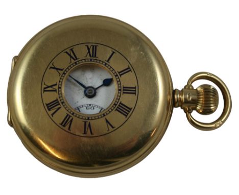 Cyma - an 18 ct gold key less wound half hunter pocket watch, Birmingham 1919, the white enamel two part dial with Roman nume