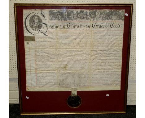 A sealed George III vellum manuscript relating to a dispute over land and grazing rights in Warmington, Warwickshire. Gilt fr