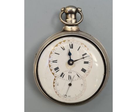 An early 19th century English silver pair cased openface pocket watch, the verge fusee movemnet numbered 720, enamel 5cm dial