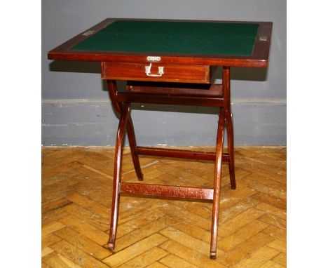 A 20th century mahogany 'campaign' -type folding card table, baize lined with drawer, on a cross frame support, 73 x 69 x 69c