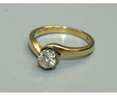 A single stone diamond ring, claw mounted on 18ct gold shank. Approximately 0.5 carats, size K, 3gm gross weight