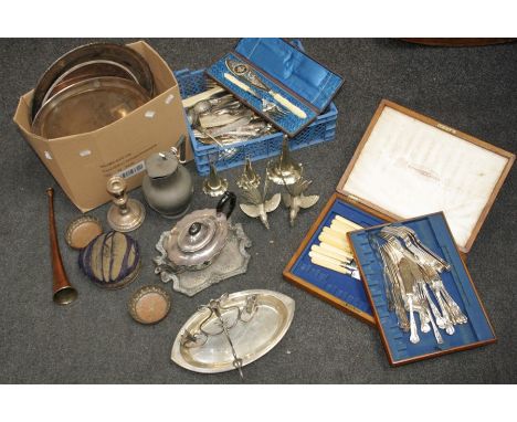 A good mixed lot of EPNS, including trays, table candlesticks, cased fish servers, wine coaster, pin cushion, flatware and cu