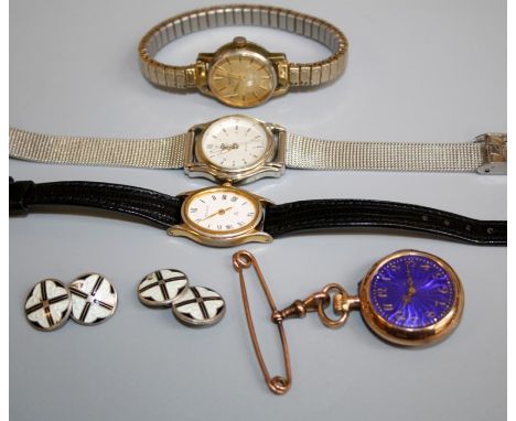 A Continental blue enamel Fob Watch, the guilloche enamel blue dial with Arabic numerals, the case blue guilloche enamelled t
