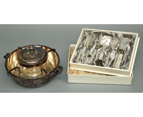 A silver plated Christofle caviar dish with retainer and covered glass jar, 21cm diameter, together with a cased Mother of Pe