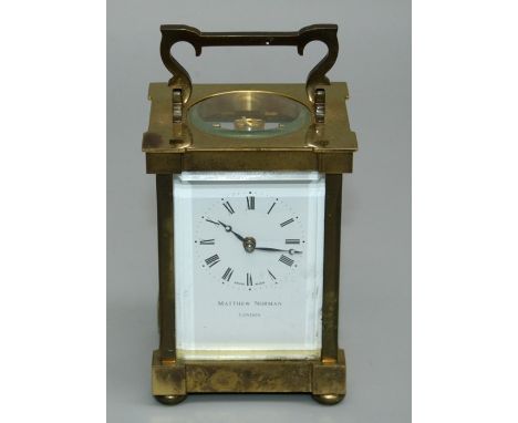 Matthew Norman, a 20th century brass, five day carriage clock with eight day eleven jewel movement faced by enamel Roman dial
