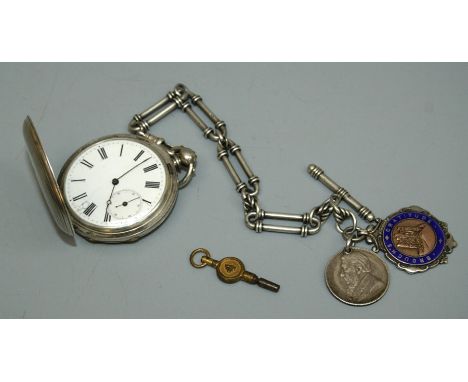 A silver hunter cased fob watch on heavy link chain, a Brough's Gratitude silver medallion named Lieut. T. Allison and an 189