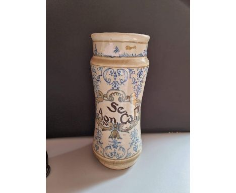 17thC Albarello Apothecary Wet Drug jar. Italian. Tin glazed. Label possible added later. 30cm.Condition: chip and small hair