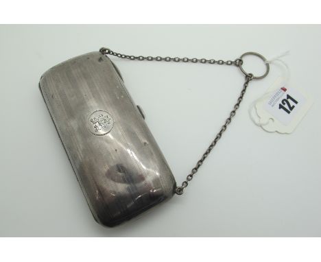 An Early XX Century Hallmarked Silver Purse, (marks rubbed), with engine turned decoration, initialled, on chain suspension (