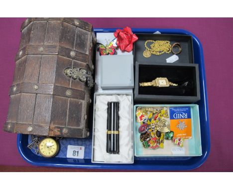 A 9ct Gold Ropetwist Chain, (broken); a 9ct gold signet ring; Gemini pendant, ladies wristwatch, assorted pin badges, chest t