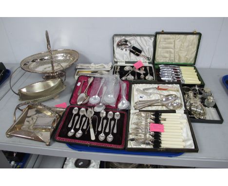 A Mixed Lot of Assorted Plated Ware, including a hallmarked silver napkin ring, cruet items, EPNS case on chain suspension, c