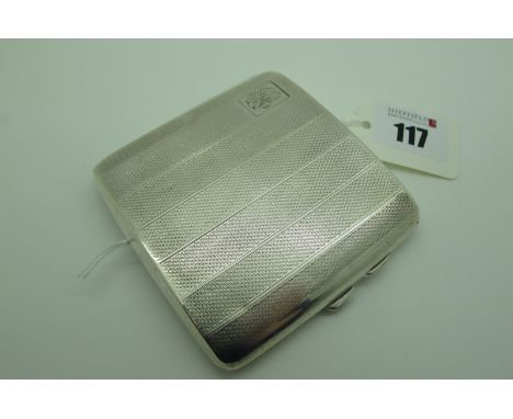 A Hallmarked Silver Cigarette Case, with allover engine turned decoration, initialled (dents) (110grams).