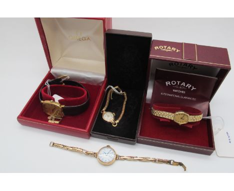 Omega; A Gents Wristwatch, the rectangular signed dial with Arabic numerals, in Omega box, a 9ct gold cased ladies wristwatch
