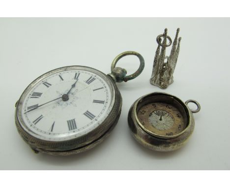 An Openface Fob Watch, inside case back stamped "Fine Silver"; together with a hallmarked silver mounted compass pendant (dam