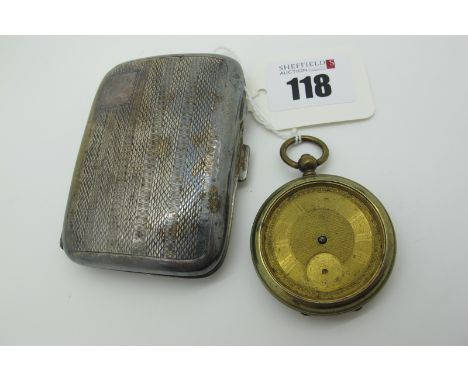 A Hallmarked Silver Cigarette Case, with engine turned decoration (dents); an openface fob watch (damages / incomplete). (2)