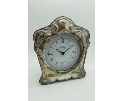 A Modern Carrs of Sheffield Hallmarked Silver Mounted Mantel Clock, Sheffield 1997, of Art Nouveau Style, overall height appr