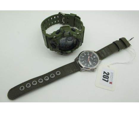 Citizen Eco Drive WR100 Military Style Gent's Wristwatch, on original Citizen green canvas strap; together with a Discovery A