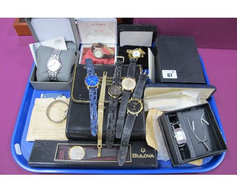 A Collection of Assorted Wristwatches, including Bulova, Rotary, Avia, Lava, etc, miniature clock etc :- One Tray