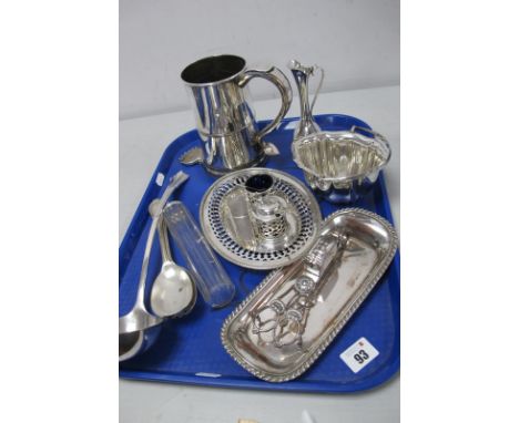 A XIX Century Plated Tankard, the handled with heart finial, together with hallmarked silver cruet items, a Danish slender ju