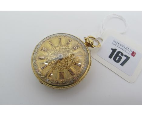 An 18ct Gold Openface Pocket Watch, the leaf scroll engraved and engine turned dial with Roman numerals, te mivement signed "