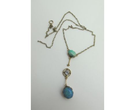 An Edwardian Opal (Doublet?) Drop Pendant, (detached) on fine chain.