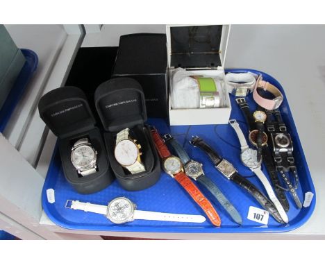 Assorted Modern Wristwatches, including Armani, Rotary, Sekonda, etc :- One Tray