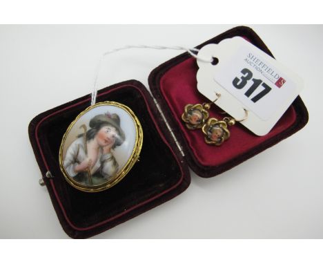 An Antique Style Ceramic Panel Brooch, detailed with miniature portrait, oval collet set; together with a pair of antique sty