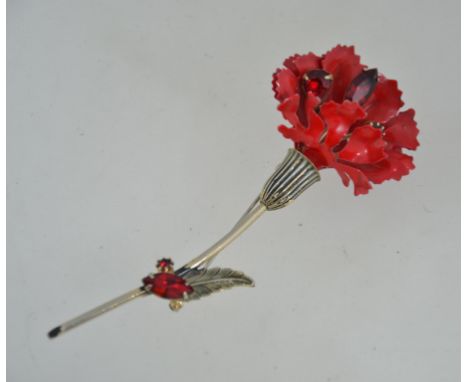 A large vintage signed brooch Carnation by Francois formerly Coro. Red carnation with red rhinestones with roller clasp. Sign