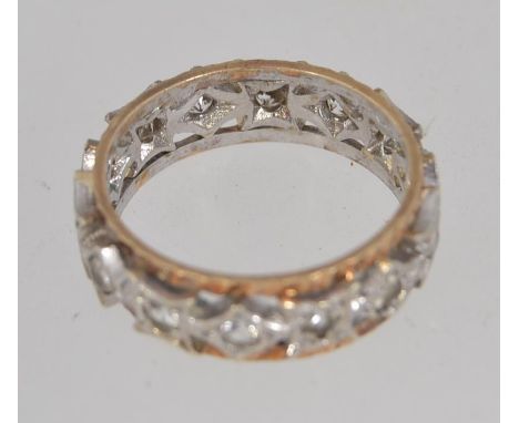 A vintage hallmarked two colour 9ct gold full eternity band ring with inset clear stones and diamond cut yellow gold border. 