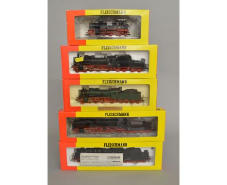 HO gauge, five Fleischmann locomotives: 4162 DB 4-6-0 '038 547-6'; 4181 DR 2-8-2 '41019'; 4046 DR 4-6-0 DR '76 001'; 4800 DR 