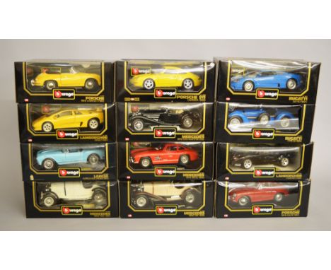 12 x Bburago diecast models, mostly 1:18 scale, including Porsche, Bugatti, Mercedes and other models, includes: 3031; 3005; 