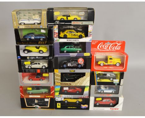18 x 1:43 scale diecast model cars, including Minichamps, Revell, Onyx, etc. Boxed, G-VG.